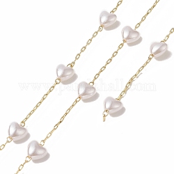 Catene di perline a forma di cuore di perle di plastica fatte a mano, con catene portacavi in ottone galvanizzato a cremagliera, saldato, con carta di credito, oro, 9x6x4mm