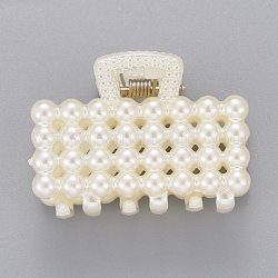 Fermagli per capelli artiglio di plastica, con perle di perle finte in plastica abs e componenti in ferro, rettangolo, bianco, 28.5x40x26mm