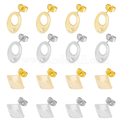 Unicraftale 304 Stainless Steel Stud Earring Findings, with Ear Nuts, Oval & Rhombus, Golden & Stainless Steel Color, 80pcs/box