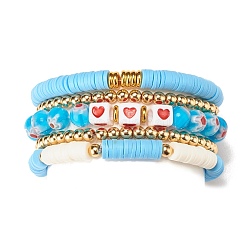 Ensemble de bracelets extensibles perlés heishi en argile polymère 5pcs 5 styles, bracelets au chalumeau millefiori faits à la main avec coeur pour femme, bleu profond du ciel, diamètre intérieur: 2-1/4 pouce (5.7 cm)