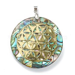 Natural Abalone Shell/Paua Shell Pendants, Alchemy Pendants, Mosaic Pattern, with Platinum Plated Brass Findings and Gold Foil, Flat Round with Magic Pattern, 40.5x5mm, Hole: 4x3.5mm