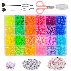 1191Pcs Beads Kit for DIY Jewelry Making, Including Acrylic & Plastic European Beads, Acrylic Letter & Transparent & Opaque Beads, Plastic Hair Styling Braiding Tool, Elastic Thread, Stainless Steel Scissors, Mixed Color, Beads: 1188pcs/box