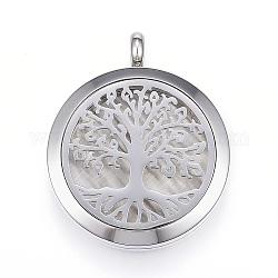 304 Stainless Steel Diffuser Locket Pendants, with Perfume Pad and Magnetic Clasps, Flat Round with Tree, Pearl Pink, 36.5~37x30x6.5~7mm, Hole: 5mm