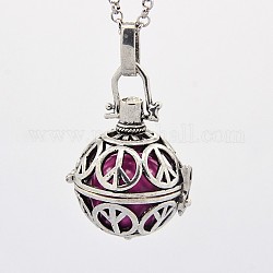 Antique Silver Brass Cage Pendants, Chime Ball Pendants, Peace Sign, with Brass Spray Painted Bell Beads, Medium Violet Red, 28x25x23mm, Hole: 3x5mm, Bell: 16mm