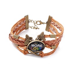 Bracelet de fierté arc-en-ciel, plus d'amour moins de haine plat rond et liens papillon bracelet multi-rangs pour hommes femmes, chocolat, mot, 7-1/4 pouce (18.5 cm)