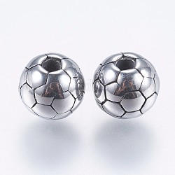 304 perline in acciaio inossidabile, pallone da calcio, argento antico, 8mm, Foro: 2 mm