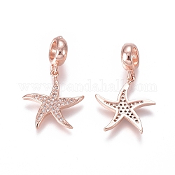 Brass Micro Pave Clear Cubic Zirconia European Dangle Charms, Large Hole Pendants, Starfish/Sea Stars, Rose Gold, 27mm, Hole: 5mm, Starfish/Sea Stars: 17x16x2mm