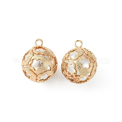 Pendenti di perle imitazione plastica abs, con la conclusione di ferro, rotonda con fiore, oro chiaro, 17x21mm, Foro: 2.2 mm
