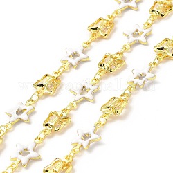 Handmade Brass Link Chains, with Brass Enamel Links, Soldered, with Spool, Star & Butterfly, Cadmium Free & Lead Free, Real 18K Gold Plated, White, 12.5x8.5x2mm