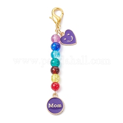 Fête des mères plat rond avec mot maman et coeur alliage émail pendentif décorations, perles de verre et fermoirs mousquetons, support violet, 76mm