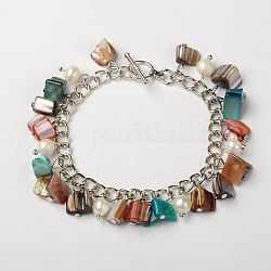Shell perle tinti braccialetti di fascino, catene di ferro con grado b perla perle tonde e della lega di stile tibetano bar & anello fermagli a levetta, platino e argento antico, colore misto, 190mm, shell: 7~12x7~12x3~5 mm