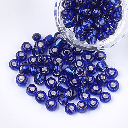 Perles de rocaille en verre, Argenté, ronde, bleu foncé, 5~6x3~5mm, Trou: 1.2~2mm, environ 2500 pcs / sachet 