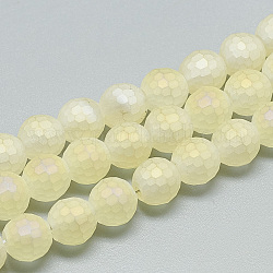 Chapelets de perles en verre électroplaqué, style mat, ronde à facettes, jaune clair, 10x9mm, Trou: 1.5mm, Environ 70 pcs/chapelet, 25.2 pouce