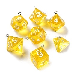 7Pcs 7 Styles Transparent Resin Polyhedral Dice Pendants Set, Multi-Sided Dice Charms with Platinum Plated Iron Loops, Mixed Shapes, Gold, 20~28x19~24x17~24mm, Hole: 2mm, 1pc/style