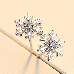 Snowflake Cubic Zirconia Stud Earrings for Girl Women, Brass Earrings, Clear, Platinum