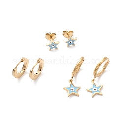 3 Pairs 3 Style Enamel Star with Evil Eye Dangle Hoop Earrings, Ion Plating(IP) 304 Stainless Steel Stud Earrings for Women, Golden, 7.5~27mm, Pin: 1mm, 1 Pair/style