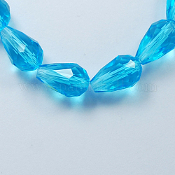 Glass Beads Strands, Faceted, teardrop, Deep Sky Blue, 15x10mm, Hole: 2mm, about 48pcs/strand, 27.56 inch(70cm)