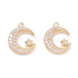 Rack Plating Brass Micro Pave Cubic Zirconia Pendants, Long-Lasting Plated, Moon & Star, Light Gold, 15x12x2mm, Hole: 1.2mm
