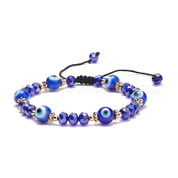 Bracelet en perles de verre et mauvais œil au chalumeau, bracelet réglable pour femme, bleu, diamètre intérieur: 2-1/8~3-1/8 pouce (5.3~7.8 cm)