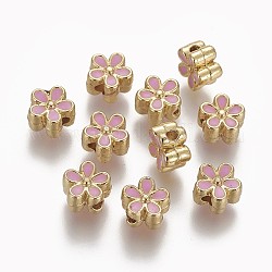 Perle di smalto in ottone, placcato di lunga durata, fiore, vero placcato oro 18k, perla rosa, 7x3.3mm, Foro: 1.6 mm