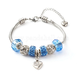 Handmade Polymer Clay Rhinestone European Bracelets, with Glass Beads, 304 Stainless Steel Snake Chains and Alloy Heart Charm, Deep Sky Blue, 7-7/8 inch(20cm)