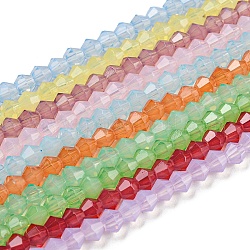 Hebras de perlas de vidrio transparentes pintadas para hornear, imitación opalite, facetados, bicono, color mezclado, 4~4.5x3.5~4mm, agujero: 0.9 mm, aproximamente 84 pcs / cadena, 13.58~13.78 pulgada (34.5~35 cm)