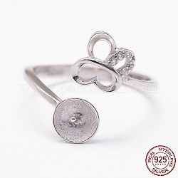 Componentes del anillo de dedo tipo brazalete de plata de ley con baño de rodio, con circonita, por medio perforó abalorios, mariposa, Platino, Bandeja: 925 mm, 6mm