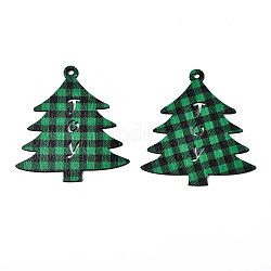 Ciondoli grandi in legno stampati su un lato a tema natalizio, albero di natale con motivo scozzese, verde, 79x73x2mm, Foro: 3.5 mm
