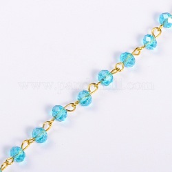 Chaînes de perles en rondelles en verre manuelles pour fabrication de colliers et bracelets, avec épingle à œil en fer doré, non soudée, bleu ciel, 39.3 pouce, perles de verre: 6x4 mm