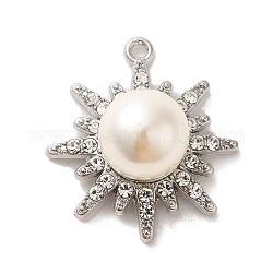 Alliage avec pendentifs en strass, avec abs imitation perle, breloques de soleil, platine, 28x25x13mm, Trou: 1.6mm