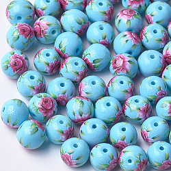 Печатные и окрашенные стеклянные шарики, круглые с цветочным узором, Небесно-голубой, 8~8.5x7.5 мм, отверстие : 1.4 мм