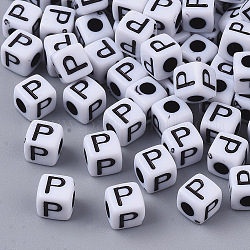 Perle acriliche opache bianche, foro orizzontale, cubo con alfabeto nero, letter.p, 4~5x4~5x4~5mm, Foro: 1.8 mm, circa 255~260pcs/20g