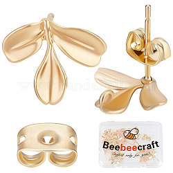 Beebeecraft 20Pcs Brass Stud Earring Findings, with Vertical Loops and 20Pcs Ear Nuts, Leaf, Real 18K Gold Plated, 10x12mm, Hole: 1mm, Pin: 0.8mm