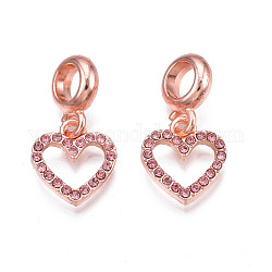Rack Plating Alloy European Dangle Charms, with Rhinestone, Large Hole Pendants, Cadmium Free & Nickel Free & Lead Free, Rose Gold, Heart, Rose, 22.5mm, Hole: 5mm, Heart: 13x12.5x2mm