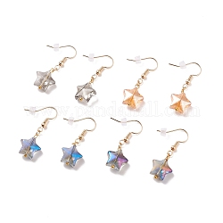 Glass Star Dangle Earrings, Gold Plated Brass Jewelry for Women, Mixed Color, 37.5mm, Pin: 0.9mm