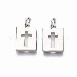Brass Pendants, with Jump Ring, Rectangle with Cross, Nickel Free, Real Platinum Plated, 15.5x10.5x2mm, Hole: 3mm