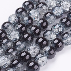 Chapelets de perles en verre craquelé peints à la bombe, ronde, deux tons, noir, 10mm, Trou: 1.3~1.6mm, Environ 80 pcs/chapelet, 31.4 pouce
