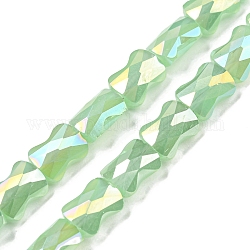 Fili di perle di vetro lastra di colore ab, giada imitato, bastone di bambù sfaccettato, verde chiaro, 8x6x4~4.5mm, Foro: 1.2 mm, circa 70pcs/filo, 21.57'' (54.8 cm)