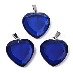 Colgantes de cristal K9, con abrazaderas de acero inoxidable y presilla de hierro, corazón, facetados, azul, 25x23.5x8mm, agujero: 2x7.5 mm