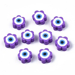 Perles en pâte polymère manuel, fleur avec le mauvais œil, bleu violet, 9x9x4.5mm, Trou: 1.8mm