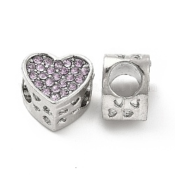 Accumuler strass de placage en alliage de perles européennes, Perles avec un grand trou   , cœur, platine, 9.5x10.5x6.5mm, Trou: 4.5mm