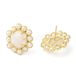Orecchini a bottone esagonali in pietra di luna naturale con perle di plastica, gioielli in vero ottone placcato oro 14k, 17x18mm