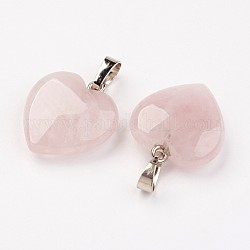 Pendentifs de quartz rose naturel, cœur, avec les accessoires en laiton, platine, 22~23x20~20.5x6~7.5mm, Trou: 5x8mm