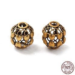 Perles 925 en argent sterling, ovale creux avec coeur, avec tampon s925, Or antique, 9x8mm, Trou: 2mm