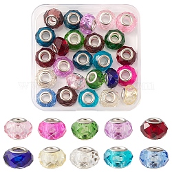 25Pcs Handmade Glass European Beads, Large Hole Beads, Silver Color Brass Core, Faceted Rondelle, Mixed Color, 14x8mm, Hole: 5mm