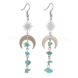 Synthetic Turquoise Chips Tassel Dangle Earrings, Brass Sun & 201 Stainless Steel Moon Long Drop Earrings, 80~85x20mm