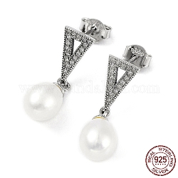 Ohrstecker aus dreieckigem Zirkonia mit natürlichen Perlen, rhodinierte 925-Ohrringe aus Sterlingsilber für Damen, Platin Farbe, 23x7 mm