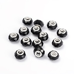 Perles européennes en verre, Perles avec un grand trou   , facette, noir, avec noyau de fer de couleur argent, environ 13 mm de large, Longueur 10mm, Trou: 5mm