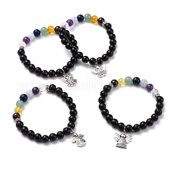 Natural Obsidian & Mixed Stone Round Beads Stretch Bracelet, Mixed Angel Alloy Charm Bracelet for Girl Women, Antique Silver, Inner Diameter: 2-3/8 inch(5.9cm)