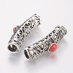 In lega di stile tibetano perline tubo cavo, con resina cabochon, rosso, 40x10x12mm, Foro: 7.5 mm